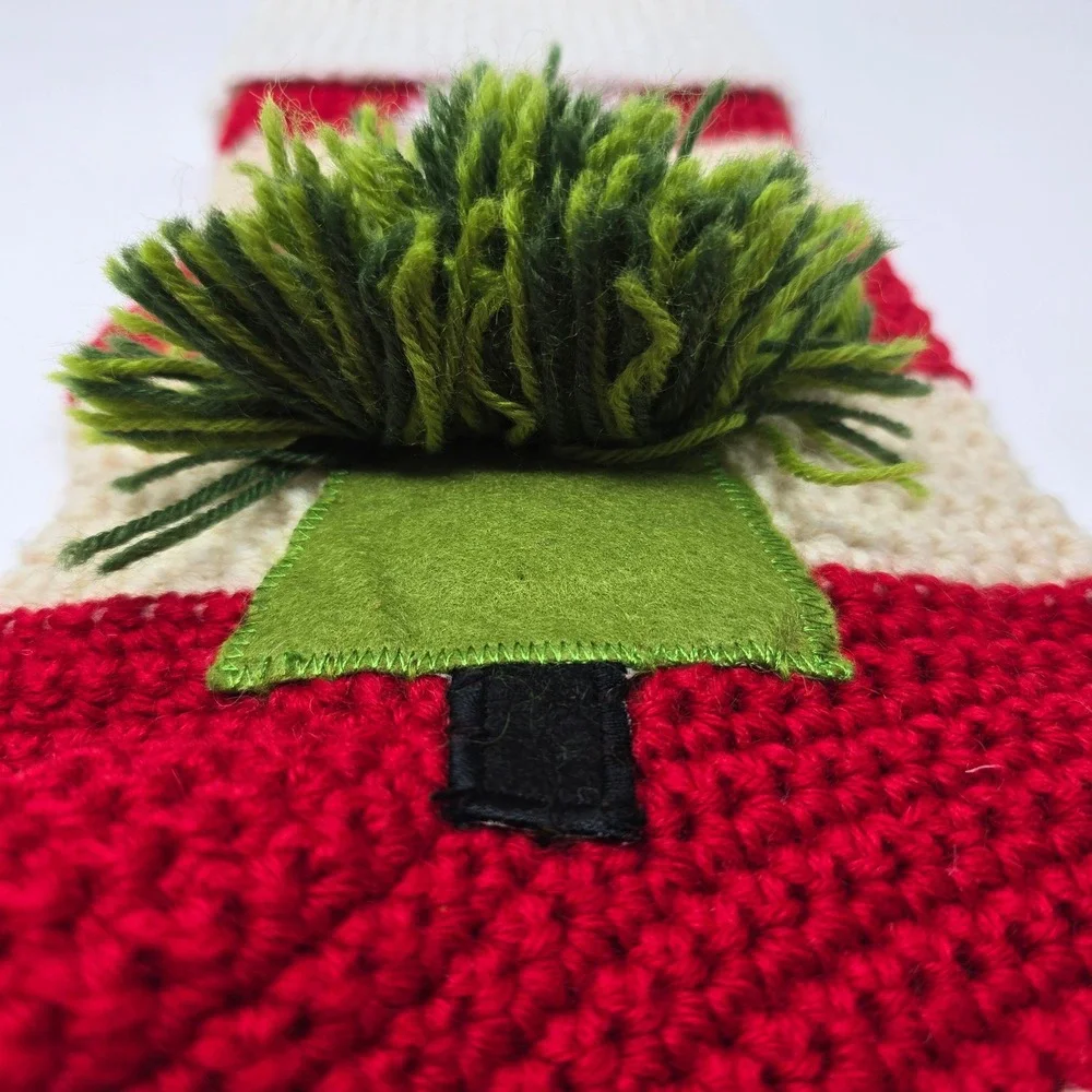 Crate & Barrel Hand-Knit Shaggy Tree Stocking Christmas Red Wool Holiday Decor